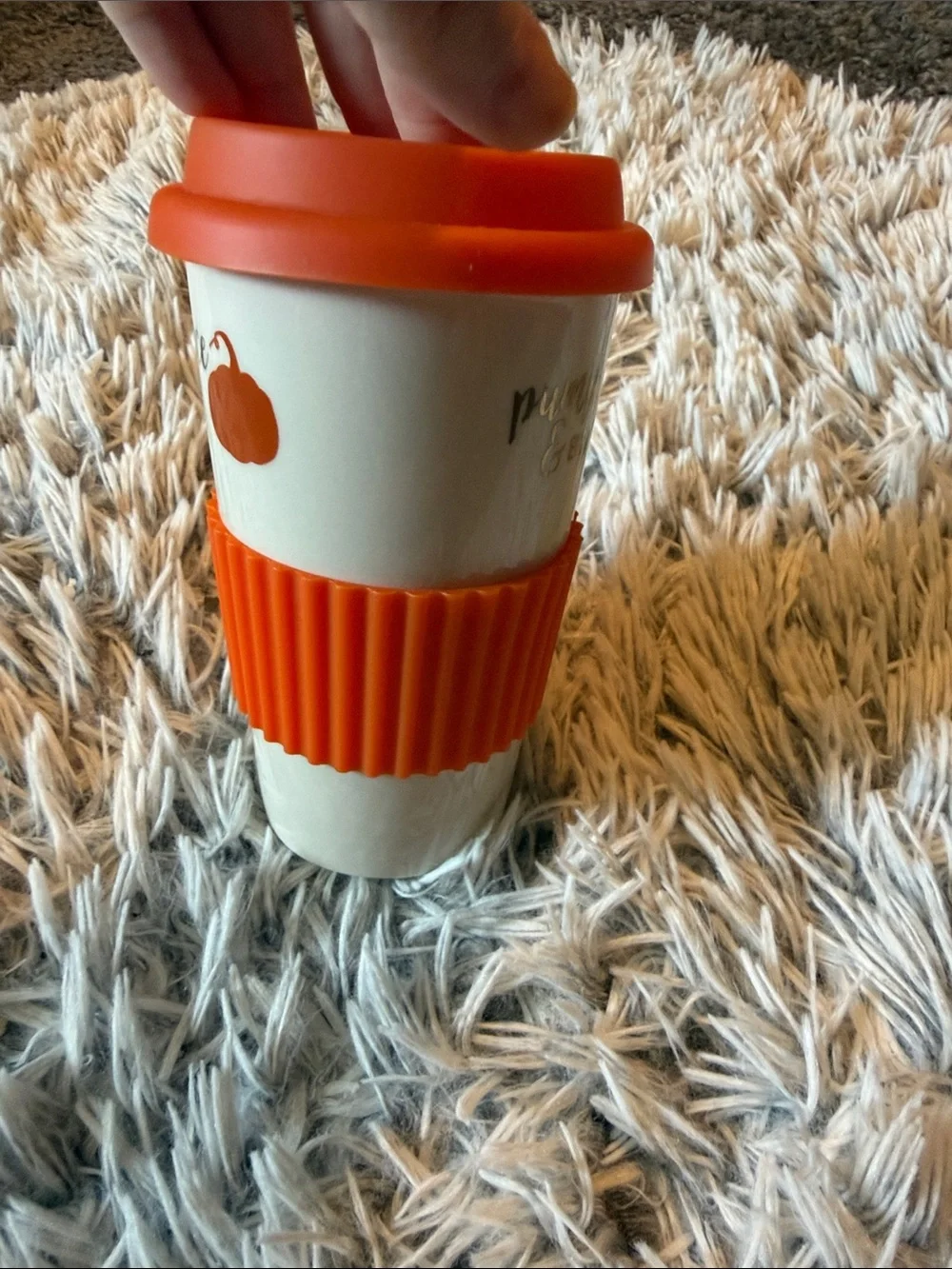 Pumpkin Spice Travel Mug with Orange Silicone Lid & Sleeve